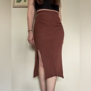 Abercrombie & Fitch chestnut brown ribbed bodycon midi skirt neutral side slits